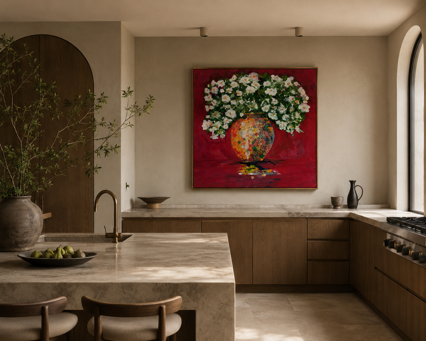 Kitchen with white floral painting