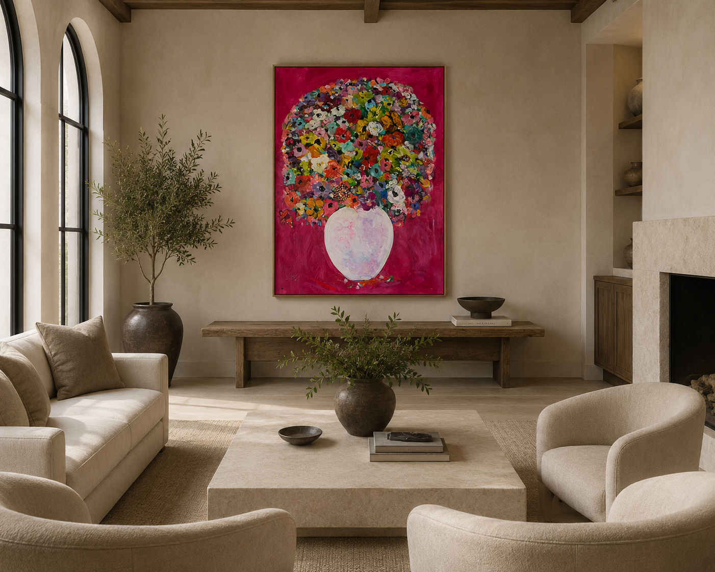 Beige living room with floral painting