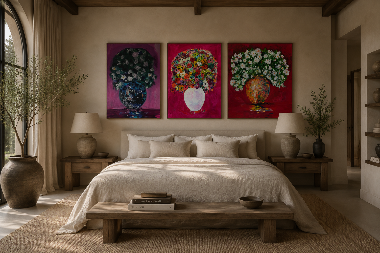 Bedroom with three paintings