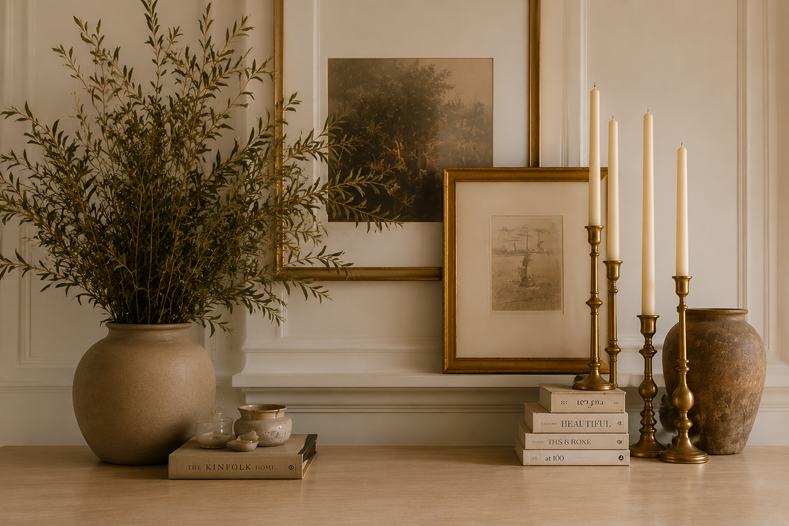 A curated interior vignette featuring Govan & Ghio decorative objects, vases, and textiles arranged in warm, layered light