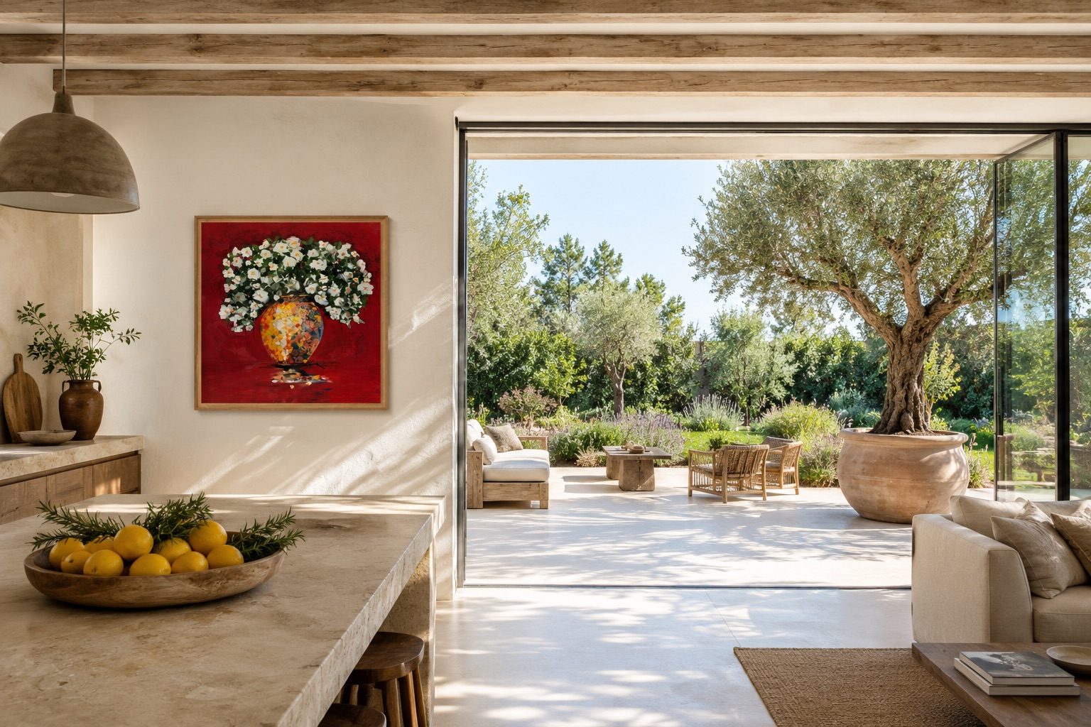A Provençal interior opening onto an olive-tree terrace