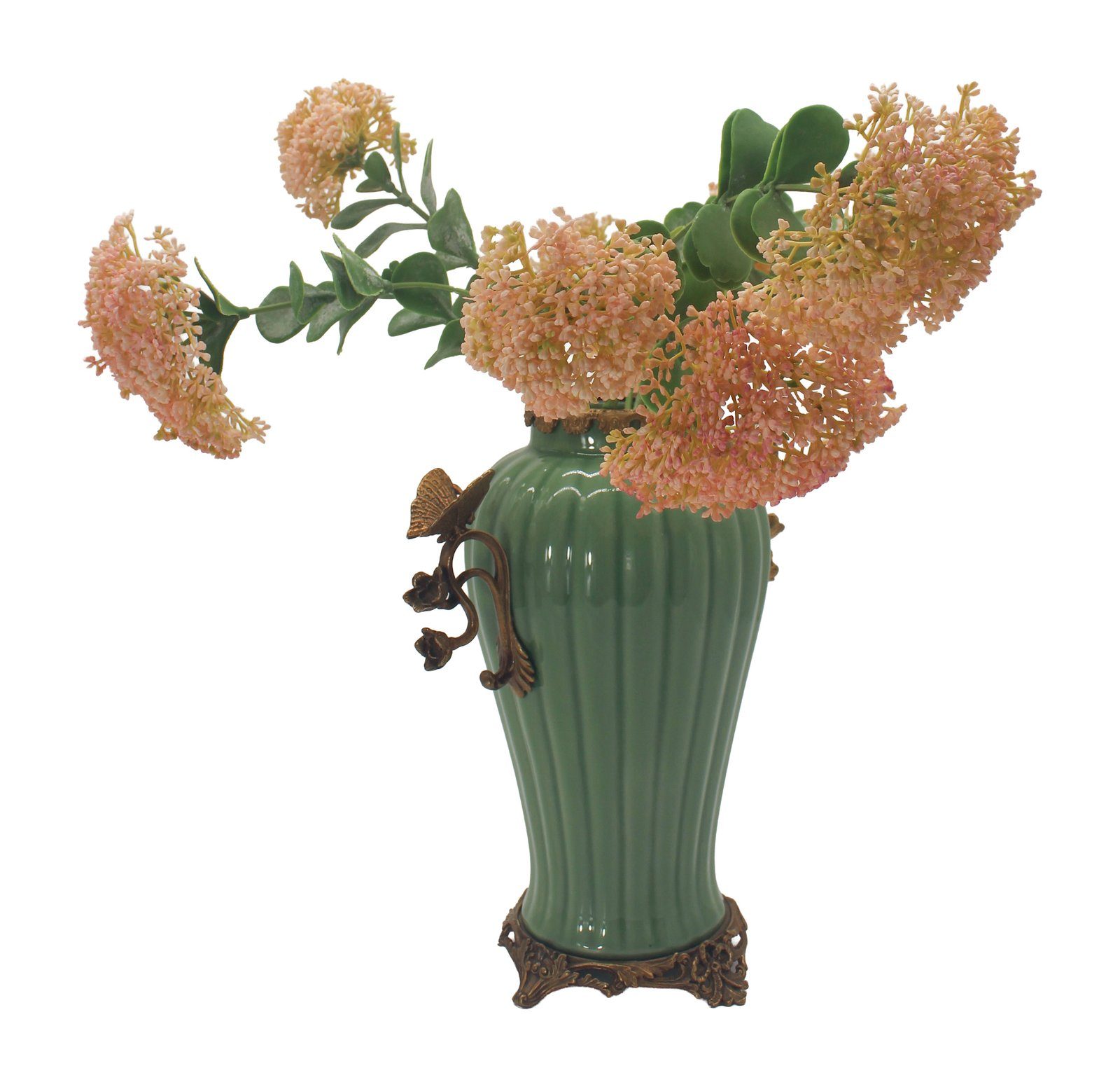 Green Butterfly Vase holding tall sprays of blossom