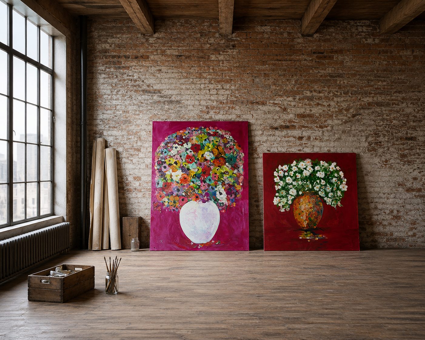 Two floral paintings leaning in a sunlit artist loft