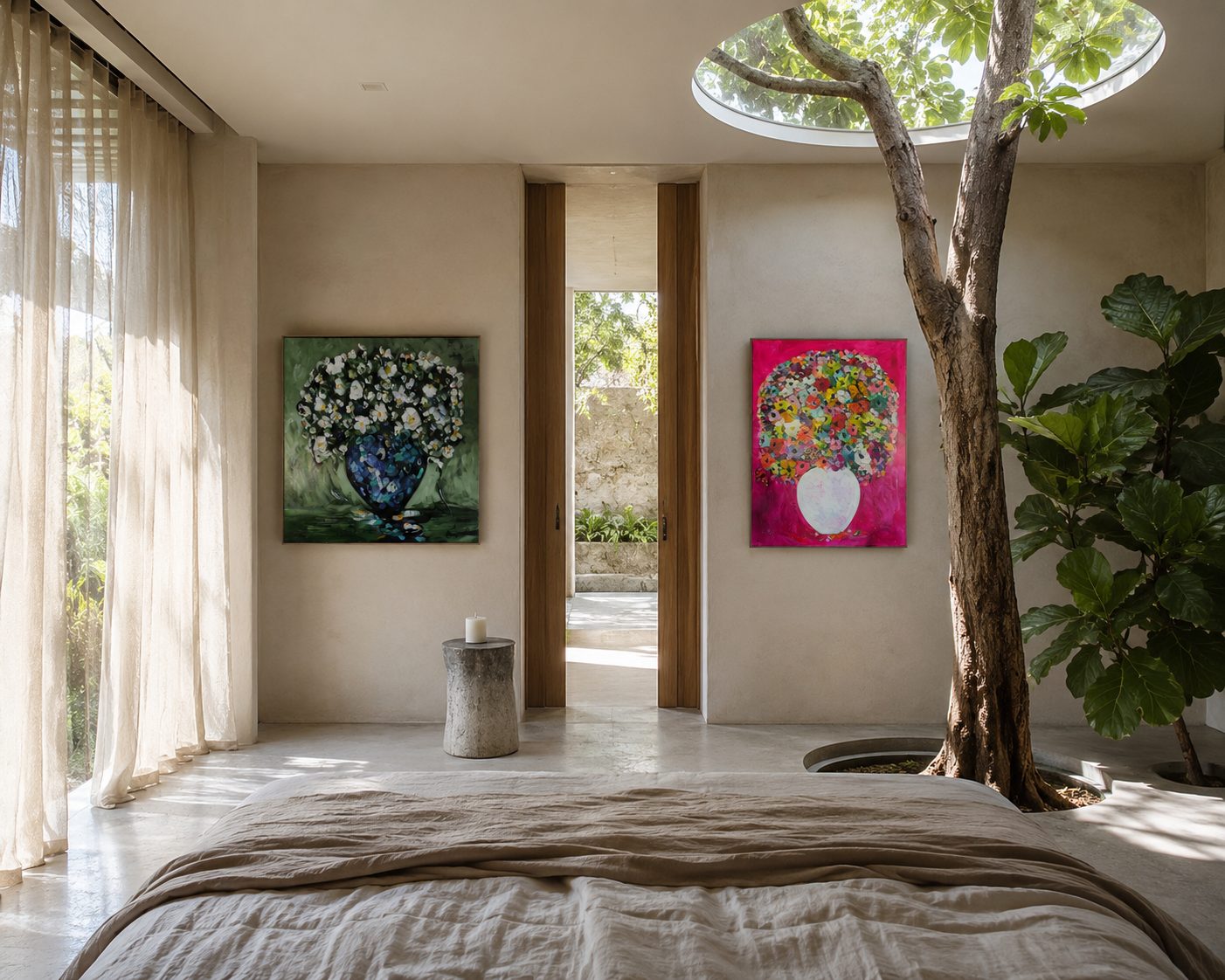 A skylit bedroom with two floral paintings